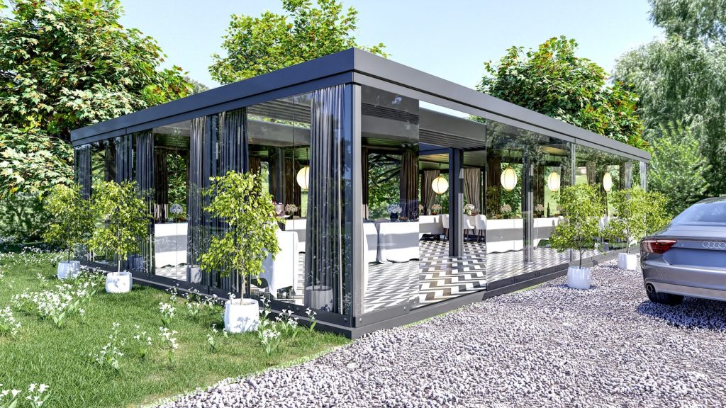 produktowa wizualizacja 3D przedstawiająca szklany ogród zaaranżowany na salę weselną w zielonym otoczeniu