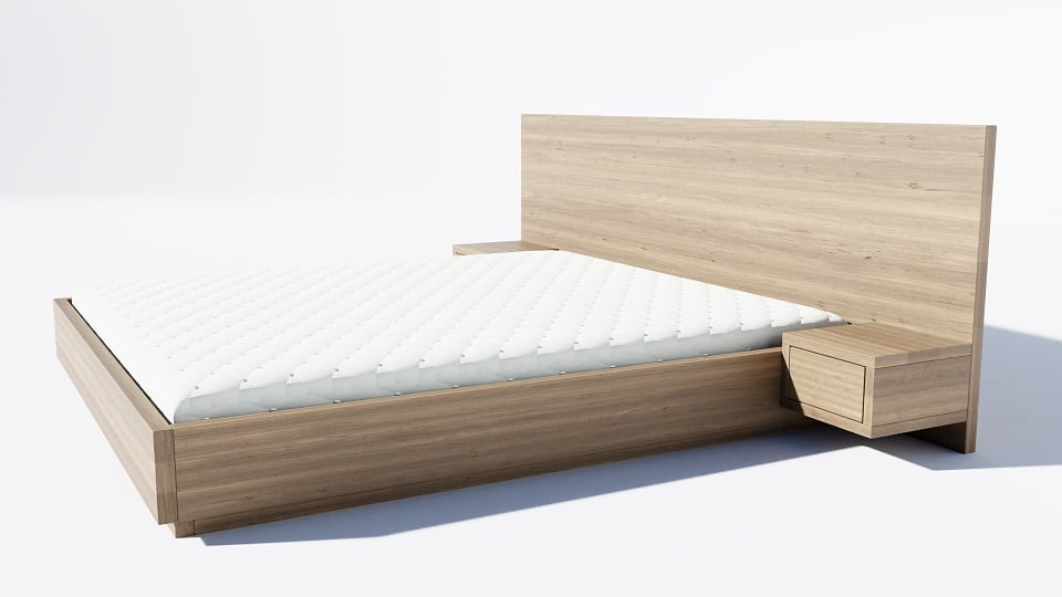 wizualizacja produktowa 3d dębowego łóżka z materacem na białym tle