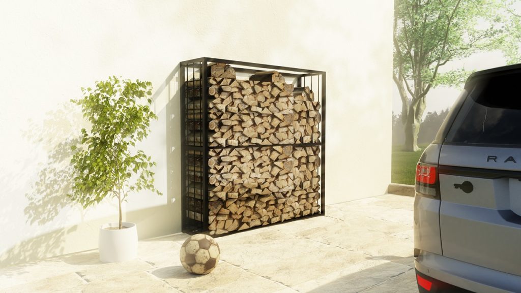 promocyjna wizualizacja 3D metalowego kosza na drewno na tle ściany z drewnem w środku