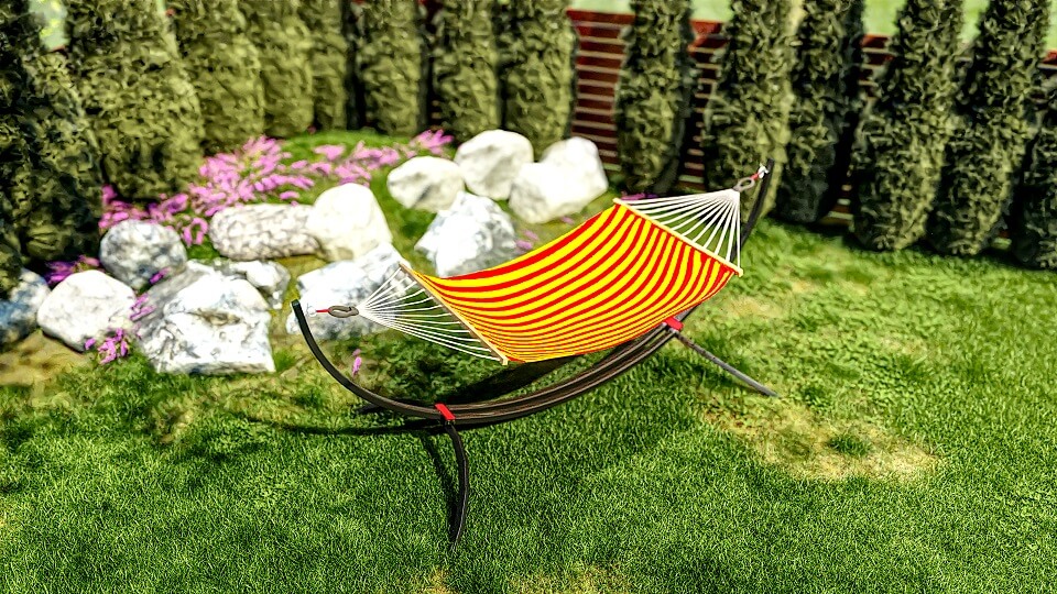 wizualizacja 3D hamaka w ogrodzie w kolorze pomarańczowym